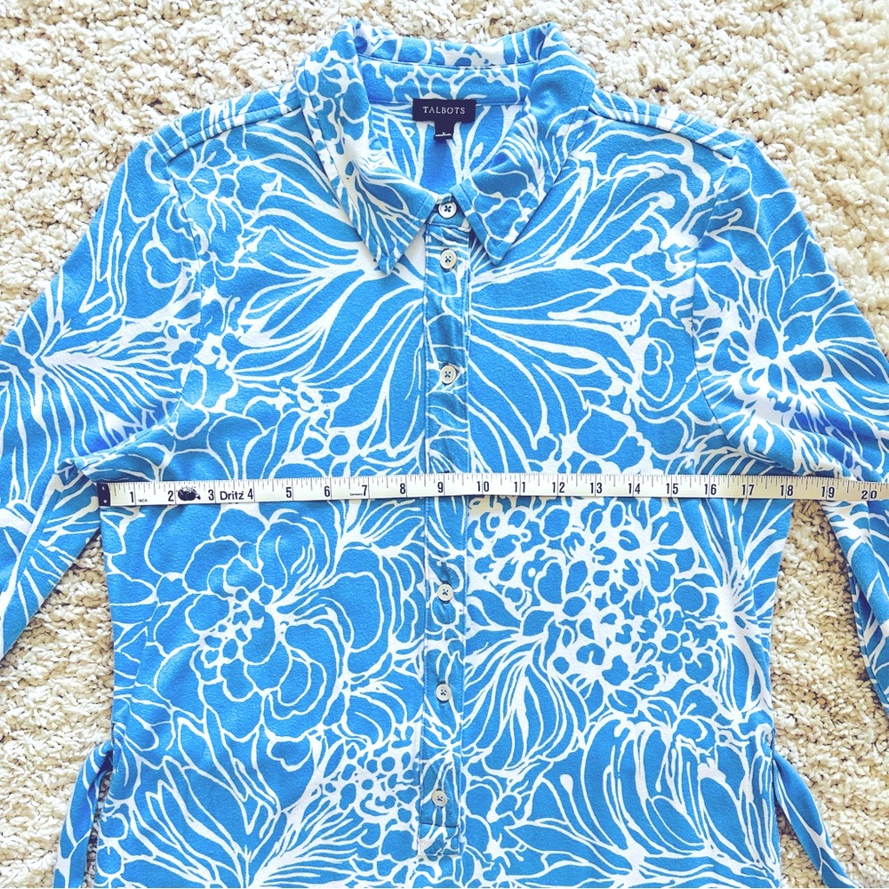 Talbots Blue and White Floral Stretch Shirtdress, Size Large - Picture 11 of 13